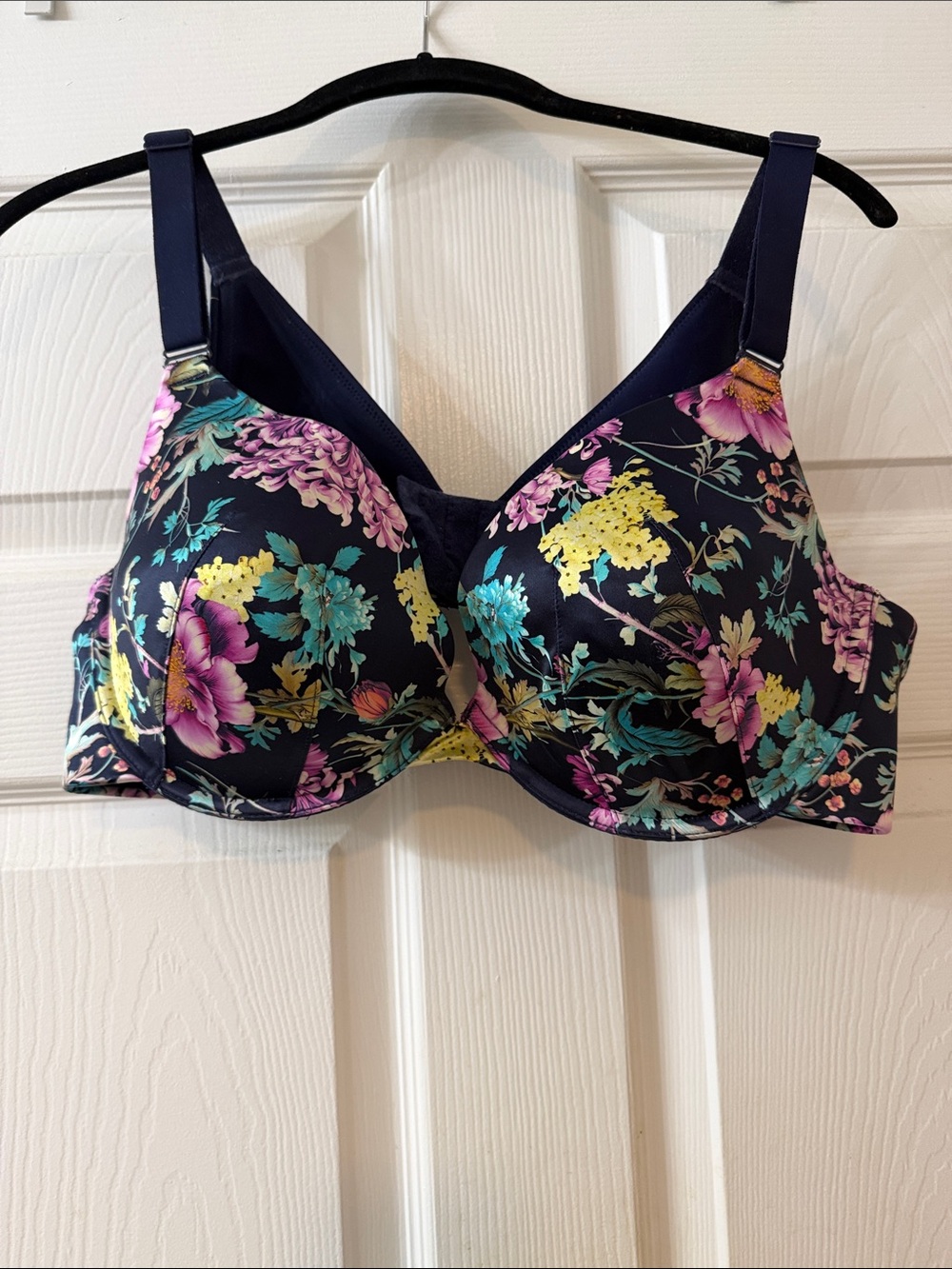 Cacique Navy Floral Underwire Bra with Pink and Yellow Accents